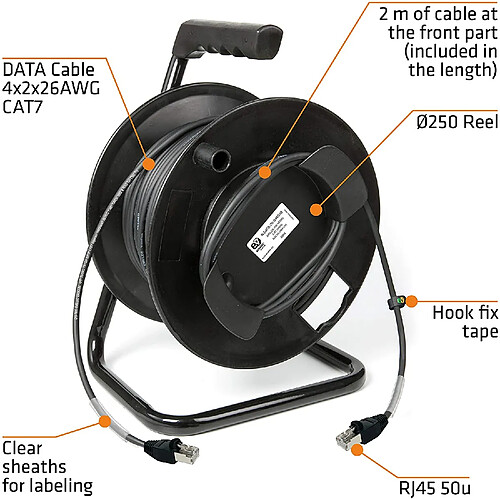 Emelec VíasCom R-DATA-7000/R/050-50m Câble de données CAT7 S/FTP BC 4x2x26AWG monté sur Supports avec RJ45 50? - PVC Souple - Noir