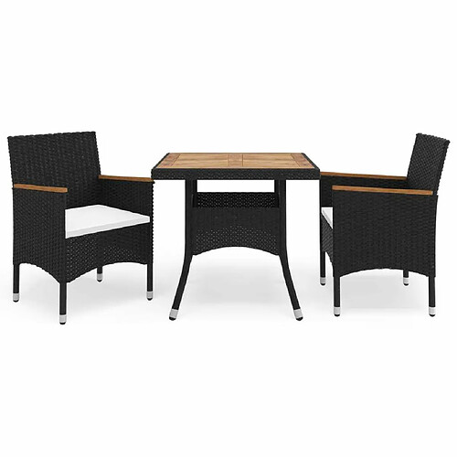 Salle à dîner de jardin 3 pcs,Table et chaise à manger Noir Résine tressée et acacia -MN43201