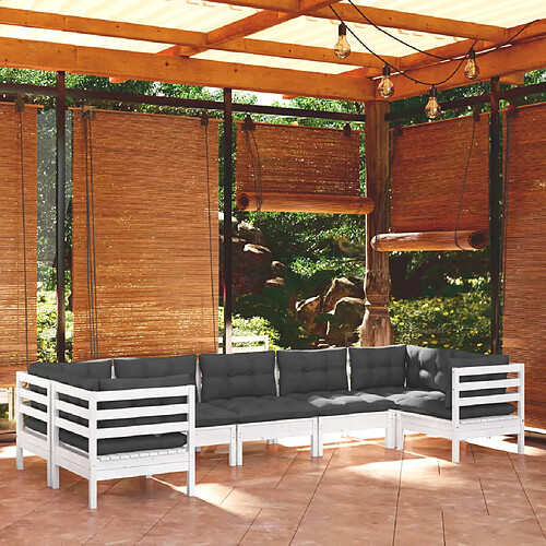 vidaXL Salon de jardin 7 pcs avec coussins blanc bois de pin