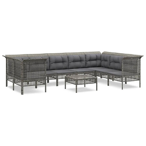 Maison Chic Salon de jardin 9 pcs + coussins - Mobilier/Meubles de jardin - Table et chaises d'extérieur Gris Résine tressée -MN22922