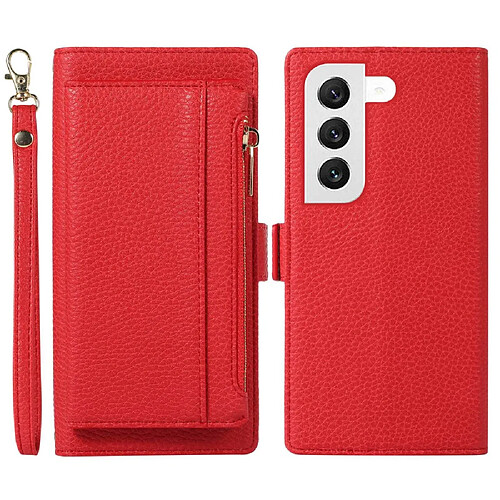 Etui en PU texture litchi, magnétique avec support, pochette à fermeture éclair et sangle pour votre Samsung Galaxy S22 + 5G - rouge