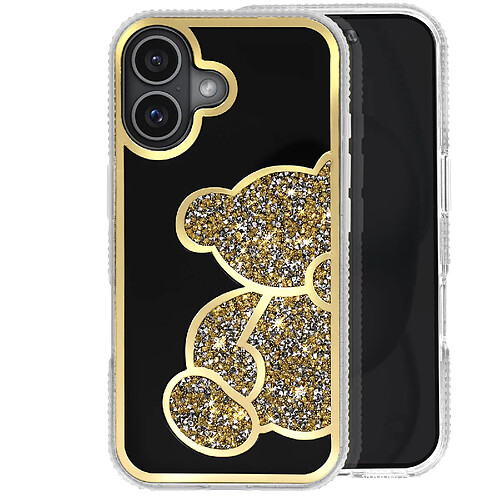 Avizar Coque Paillette pour iPhone 16 Plus Motif Ourson avec Strass Dorée