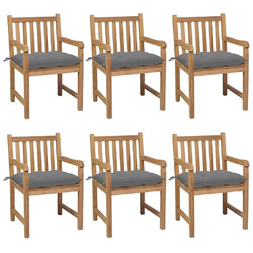 vidaXL Chaises de jardin lot de 6 et coussins gris Bois de teck solide