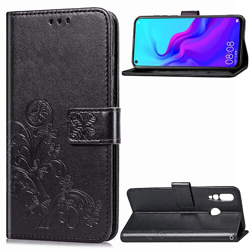 Wewoo Housse Coque Étui en cuir à motif de fleurs repiquées Lucky Clover pour HuNova 4, avec porte-cartes et porte-cartes, porte-monnaie dragonne (Noir)