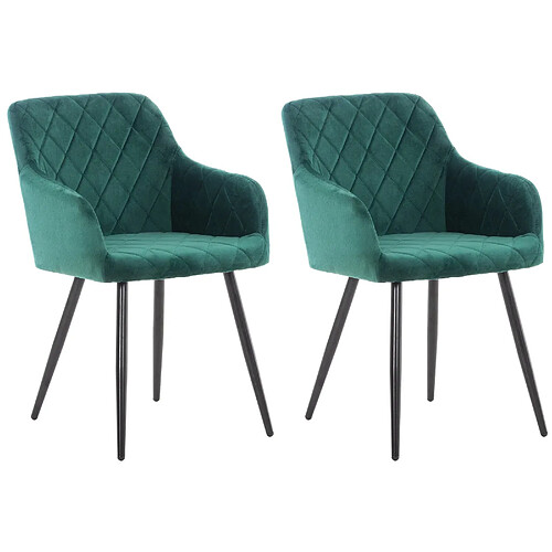 Decoshop26 Lot de 2 chaises de salle à manger coutures en losanges style retro chic en tissu velours vert en pieds en métal noir 10_0001561