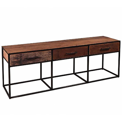 L'Héritier Du Temps Meuble TV Float 3 Tiroirs Hinsk Console Basse Meuble de Rangement Indus en Bois et Acier 35x50x135cm