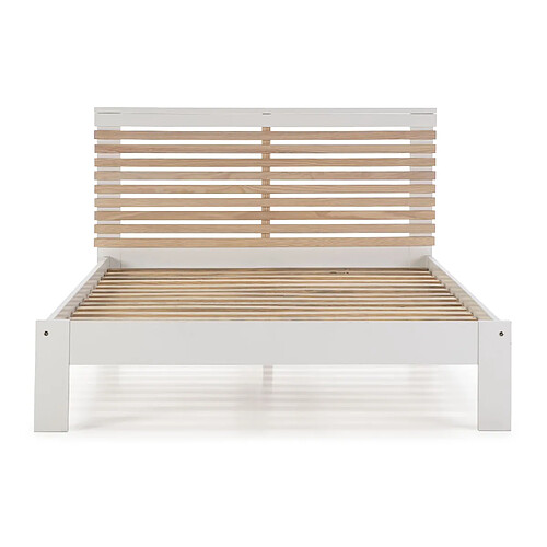 Pegane Lit adulte en pin et MDF coloris blanc, naturel - Longueur 197,7 x Profondeur 153,2 x Hauteur 100 cm