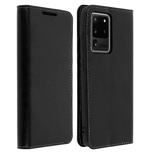 Avizar Étui Galaxy S20 Ultra Folio Cuir Véritable Porte cartes Support Vidéo - noir