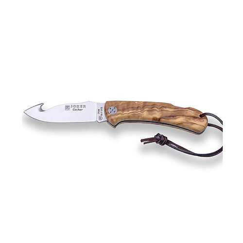 Couteau de chasse Joker Cocker cache-extracteur tôle d'acier inoxydable MOVA de 9 cm et manche en bois d'olivier, cordon en cuir, NO135 + carte cadeau multi-usages