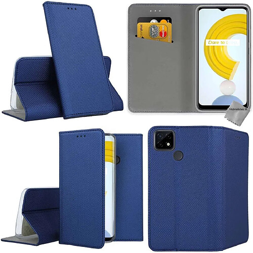 Htdmobiles Housse etui portefeuille avec coque intérieure en silicone pour Realme C21 + verre trempe - BLEU MAGNET