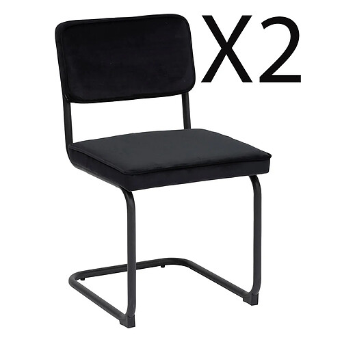 Pegane Lot de 2 chaises en velours coloris noir et pieds coloris chromé noir - L. 49 x P. 57 x H. 83 cm