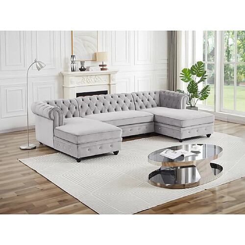 Vente-Unique Canapé d'angle panoramique en velours gris clair CHESTERFIELD