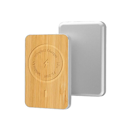 Chrono Batterie externe magnétique en bois 10W sans fil 20W Compatible avec iPhone 12/Pro/Max/12 Mini 5000 mAh,(argent)