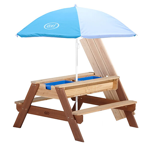 AXI Nick Table Sable et Eau / Table Pique Nique avec Parasol en Bois Marron | Table Jeux d'eau avec Couvercle, Boîtes de Rangement & Parasol | Table d eau Extérieur pour le jardin - 95 x 97 x 48 cm