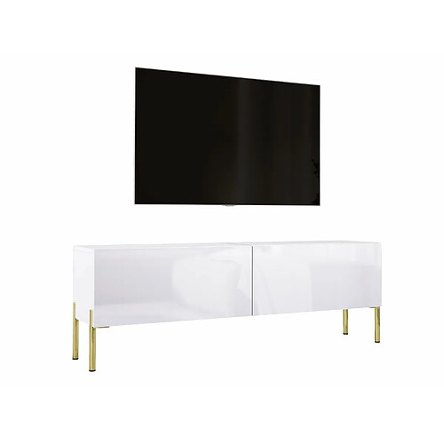 3XELIVING Meuble TV en couleur Blanc mat / Blanc brillant avec pieds droits en or, D: l : 140 cm, H : 52 cm, P : 32 cm