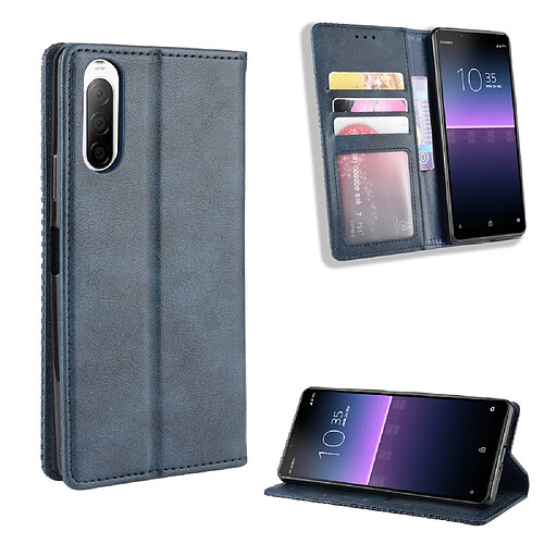 Etui en PU bouton-pression magnétique style vintage avec support bleu pour votre Sony Xperia 10 II