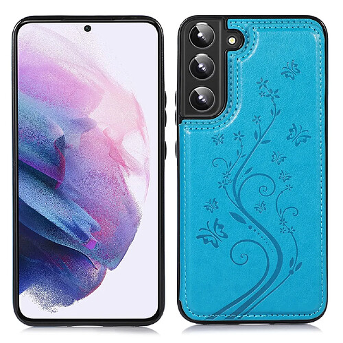 Coque en TPU + PU motif fleur, deux boutons magnétiques avec béquille et porte-cartes bleu foncé pour votre Samsung Galaxy S22 5G