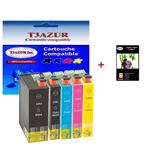 T3Azur 5 cartouches d'encre compatibles 33XL pour Epson Expression Premium XP-900 +10f PPA6