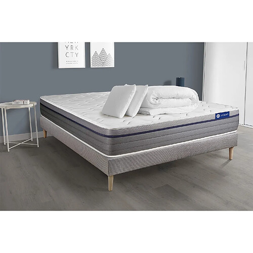 ACTISOM Pack prêt à dormir matelas Ressorts ensachés+Mémoire de forme ACTIFLEX ZEN 200x200 + sommier KIT gris + 2 oreillers +couette