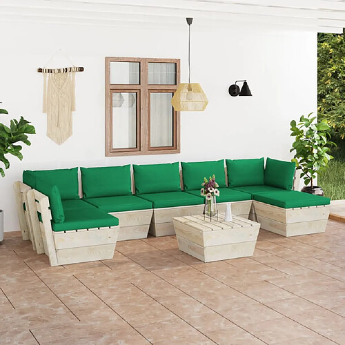 vidaXL Salon de jardin palette 8 pcs avec coussins bois d'épicéa