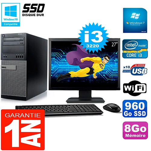 PC Tour DELL 7010 Ecran 27" Core I3-3220 RAM 8Go Disque 960 Go SSD Wifi W7 · Occasion