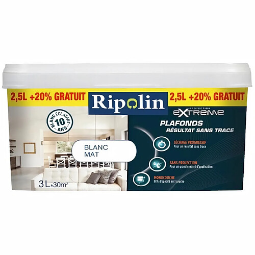 Peinture plafond grande piece mat blanc 3L Ripolin