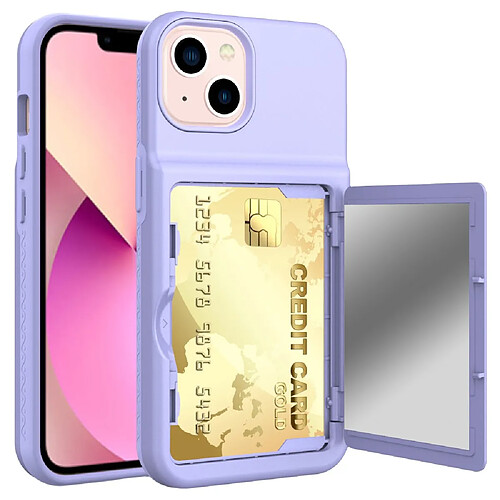 Coque en TPU + acrylique avec porte-cartes et miroir caché violet clair pour votre iPhone 13 6.1 pouces