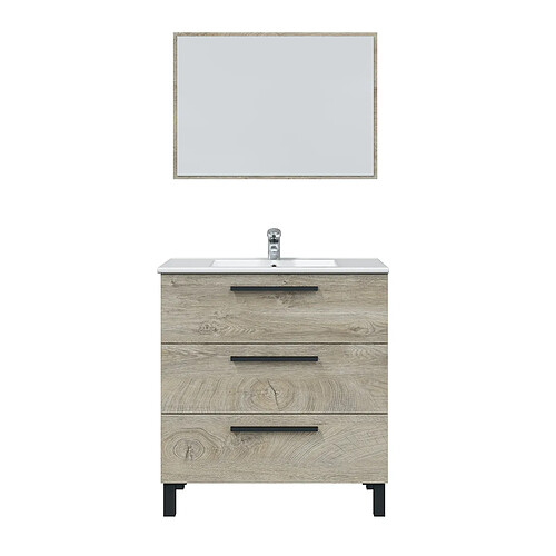 Pegane Meuble salle de bain sous vasque avec 3 Tiroirs + 1 Miroir coloris Alaska chêne - Longueur 80 x Profondeur 45 x Hauteur 86 cm