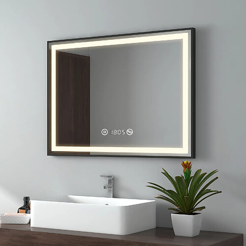 EMKE Miroir de salle de bain LED Cadre noir avec Interrupteur Tactile, Anti-buée, Horloge, Température, Dimmable, Fonction Mémoire, Lumière neutre - 80x60cm