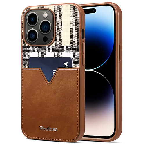 Coque en TPU + PU motif écossais, anti-rayures avec porte-carte pour votre iPhone 14 Pro Max - marron