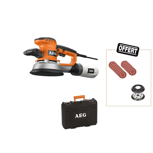 Pack AEG Ponceuse excentrique 150mm 440 W EX 150 ED SET - 25 abrasifs un plateau de ponçage et une jupe offerts