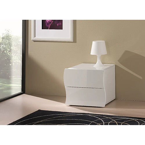 Alter Table de chevet ondulée moderne avec 2 tiroirs, Made in Italy, Table de nuit, Armoire pour chambre, 50x40h41 cm, couleur blanc brillant