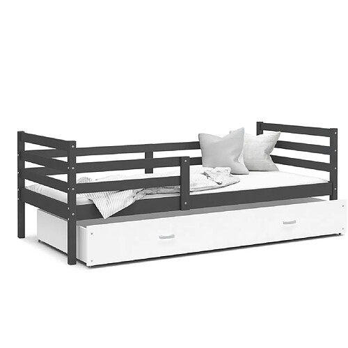 Kids Literie Lit Enfant Milo 90x190 Gris - blanc Livré avec sommiers, tiroir et matelas en mousse de 7cm