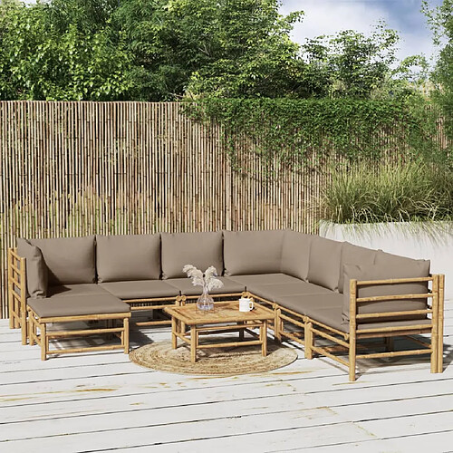 vidaXL Salon de jardin 9 pcs avec coussins taupe bambou