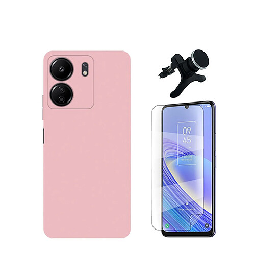 Kit de film en verre trempé de la couverture en 5D + boîtier en silicone liquide + porte-voiture renforcé Phonecare pour Xiaomi Redmi 13C - rose