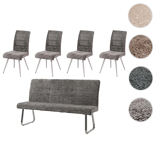 Mendler Set de salle à manger HWC-G55, set de 4 chaises + banc 180cm, inox brossé tissu/textile chenille ~ gris foncé