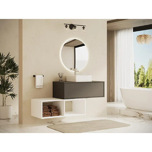 Vente-Unique Meuble de salle de bain suspendu avec vasque carrée - 1 tiroir gris anthracite et 2 niches blanches - 94 cm - TEANA II