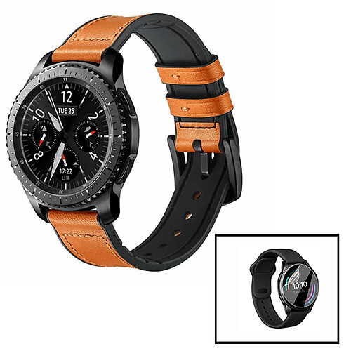 PHONECARE Bracelet Premium Classic en Cuir et Silicone + Film d'hydrogel pour Huawei Watch 3 Pro Elite - Brown / Noir