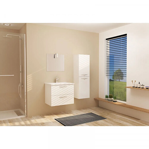 Dansmamaison Ensemble meuble de salle de bain suspendu 2 tiroirs 60 cm Blanc + miroir + colonne- KUNDO