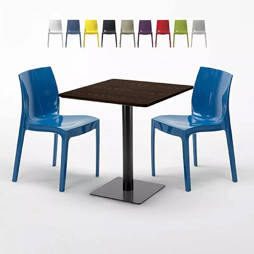 Grand Soleil Table Carrée 70x70 Effet Bois avec 2 Chaises Colorées Ice Melon - Bleu