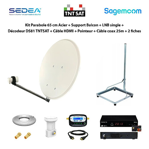 Sedea Kit Parabole 65 cm Acier + Support Balcon + LNB single + Décodeur DS81 TNTSAT + Câble HDMI + Pointeur + Câble coax 25m + 2 fiches F