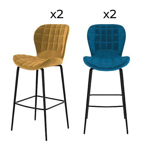 Rendez Vous Deco Pack 4 chaises de bar Mazzia en velours jaune et bleu 75 cm