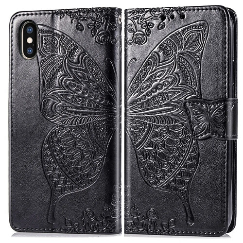 Wewoo Coque Étui en cuir à rabat Butterfly Love Flowers gaufrage pour iPhone X avec support et logements cartes portefeuille et lanière noir