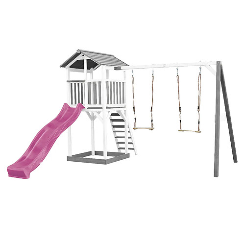 AXI Beach Tower Aire de Jeux avec Toboggan en Violet, 2 Balançoires & Bac à Sable | Grande Maison Enfant extérieur en Gris & BLANC | Cabane de Jeu en Bois FSC