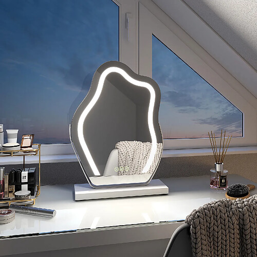 EMKE Miroir de maquillage avec LED Miroir de maquillage irrégulier Design moderne Interrupteur tactile 3 couleurs Dimmable Rotation à 360° - Cadre Blanc 43 x 30 cm