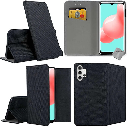 Htdmobiles Housse etui portefeuille avec coque intérieure en silicone pour Samsung Galaxy A32 5G + verre trempe - NOIR MAGNET