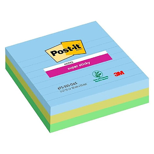 Notes lignées couleurs Oasis Super Sticky Post-it 101 x 101 mm assortis - bloc de 70 feuilles - Lot de 3