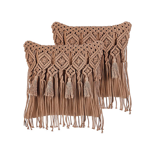 Beliani Lot de 2 coussins BAMIAN Coton 45 x 45 cm Géométrique Macramé Marron clair