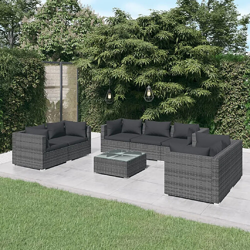 vidaXL Salon de jardin 8 pcs avec coussins Résine tressée Gris