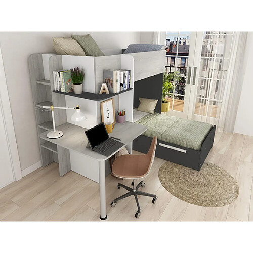 Vente-Unique Lits superposés d'angle 2 x 90 x 190 cm - Avec bureau - Gris, blanc et noir + Matelas - SAMUEL